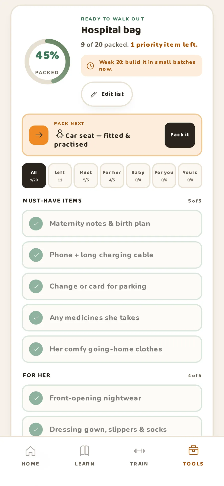 Beavo hospital bag: grouped packing lists with progress