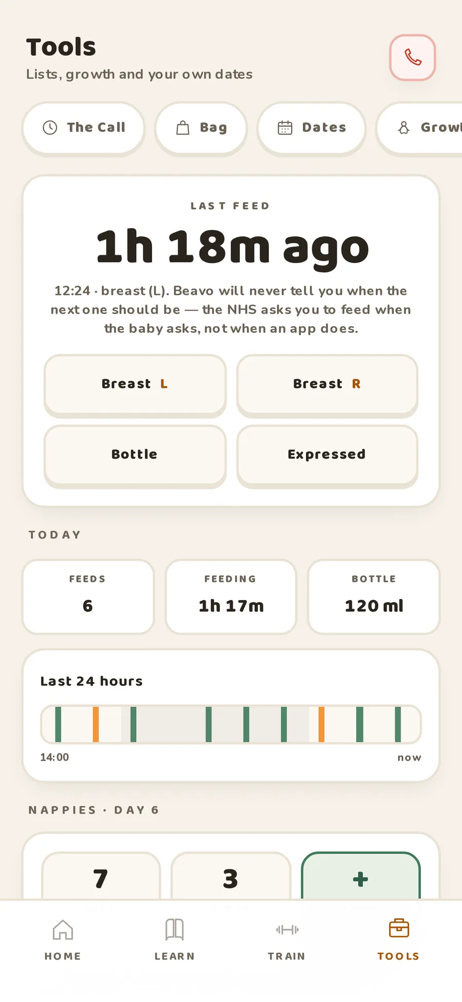 Beavo feed log showing bottle, breast and nappy entries