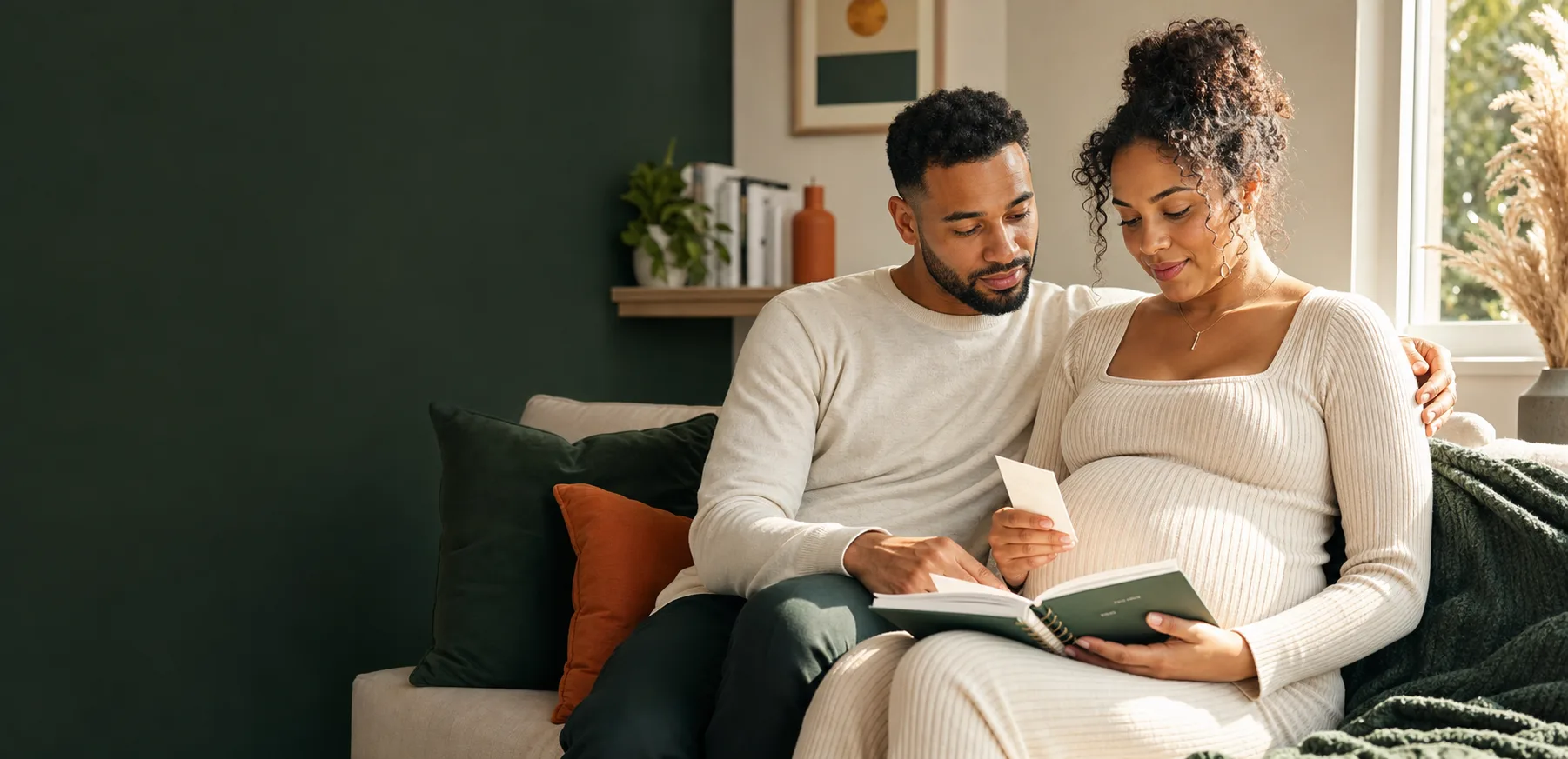 A couple sitting together at home, looking through their pregnancy notes